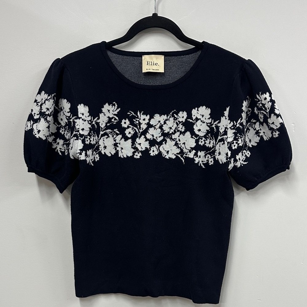 Elie puff sleeve cotton knit Navy Floral Women's Top S